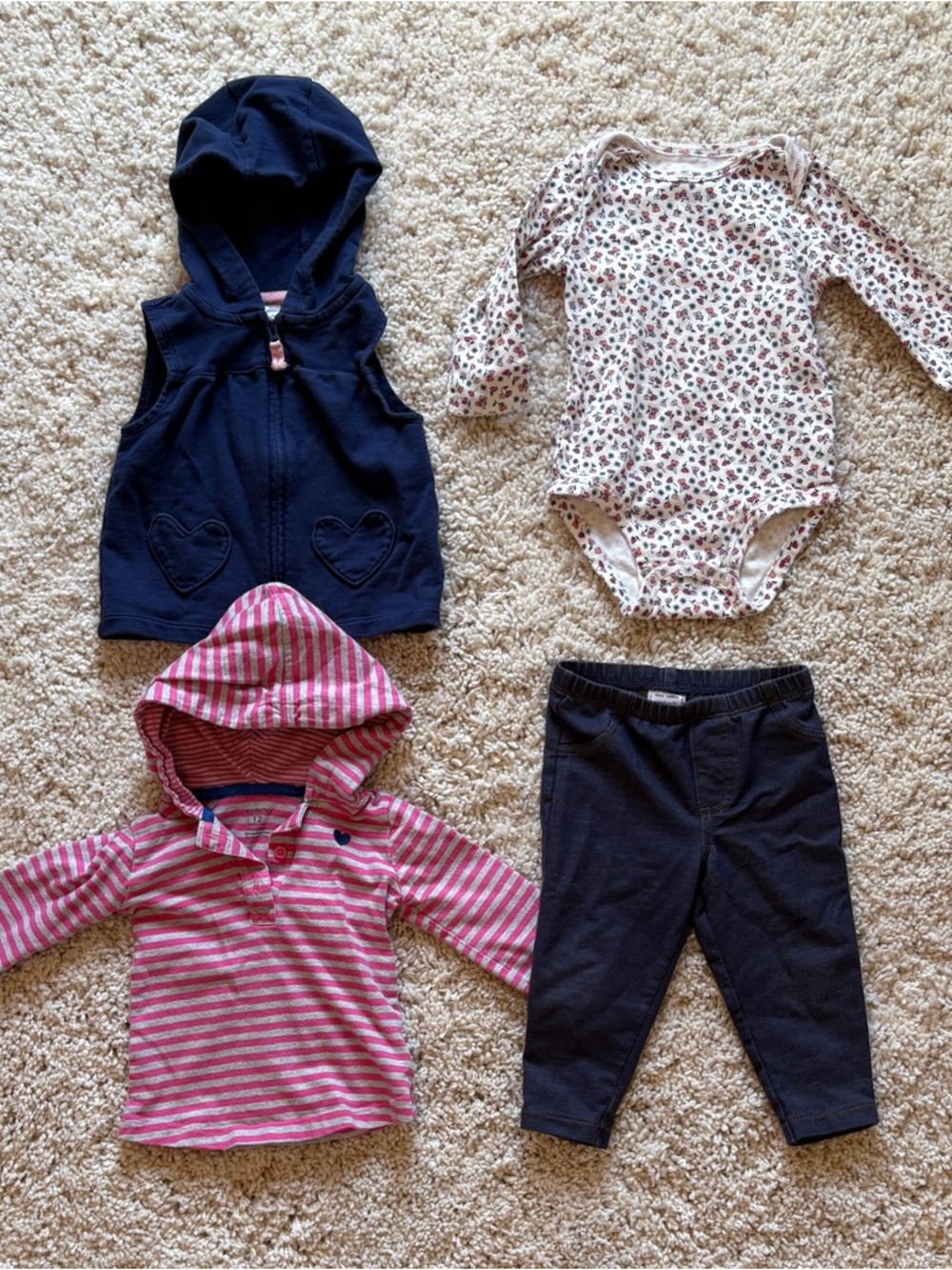 Carter’s Girl Outfits Navy Vest Floral Onesie Pink Stripe Hoodie Navy Pants 12 M
